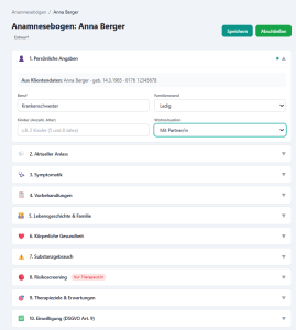 Anamnesebogen von Anna Berger in PraxisCloud mit ausgefülltem Abschnitt Persönliche Angaben sowie neun weiteren aufklappbaren Abschnitten von Aktueller Anlass bis Einwilligung DSGVO Art. 9.