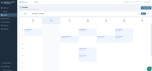  Wochenkalender in PraxisCloud mit Terminen von Montag bis Sonntag, darunter Blocktermine und Einzeltherapien mit Klientennamen wie Petra Zimmermann, Anna Berger und Laura Fischer.