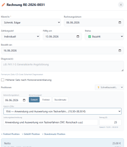 In der Rechnungsbearbeitung von PraxisCloud lassen sich Zahlungsziel, Status und Bezahldatum einzeln pflegen.