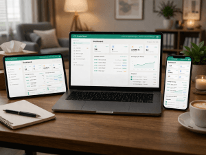 PraxisCloud-Dashboard gleichzeitig dargestellt auf Laptop, Tablet und Smartphone auf einem Schreibtisch, jeweils mit Kennzahlen zu Klienten, Terminen, Umsatz und Aufgaben sowie einer Grafik zu Sitzungen pro Monat.