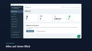 PraxisCloud-Dashboard in einem Browserfenster mit Kennzahlen zu Klienten, Terminen, offenen Rechnungen und Aufgaben, darunter der Text "Dashboard – Alles auf einen Blick".