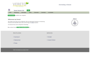 Hauptmenü von Vereto mit Navigationsleiste (Klient, Abrechnung, Stammdaten, Extras, Dokumente, Downloads), Begrüßungstext und Hinweis auf Zwei-Faktor-Authentifizierung.
