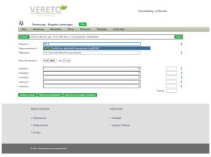 Eingabemaske „Rechnung – Eingabe Leistungen" in Vereto mit ICD-Code-Autocomplete für Diagnose 1 (F41.0 Panikstörung), Feldern für Diagnose 2, Behandlungsdatum und fünf Leistungszeilen.