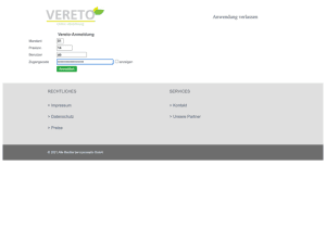 Anmeldeseite von Vereto mit Eingabefeldern für Mandant, Praxisnummer, Benutzer und Zugangscode sowie der Option „anzeigen" und dem Button „Anmelden".