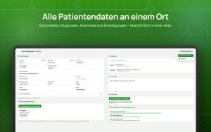 Patientenakte in Apatex am Mac mit Stammdaten, Diagnosen nach ICD-10, Kurznotiz, Anamnesebogen als PDF sowie Datenschutzzustimmung und Behandlungsvertrag.