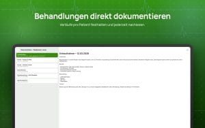 Behandlungsdokumentation in Apatex mit chronologischer Liste der Termine links und einer Erstaufnahme mit Anamnese, Befund, Behandlung und Verlauf rechts.