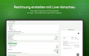 Rechnungsentwurf in Apatex mit Rechnungsempfänger, Fälligkeit, Zahlungsmethode und Leistung, rechts die PDF-Vorschau der Rechnung mit Diagnose und Hinweis auf § 4 Nr. 14 UStG.