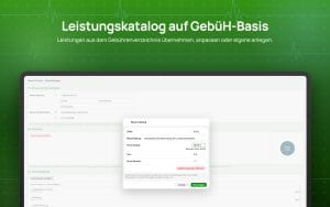 Einstellungen „Meine Praxis“ in Apatex mit dem Dialog „Neue Leistung“ für die GebüH-Ziffer A35.3, Beschreibung, Nettopreis mit Höchstsatz und Umsatzsteuer.