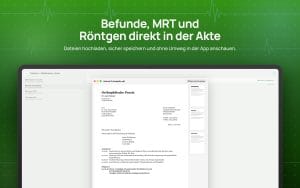 Dateiansicht einer Patientenakte in Apatex mit MRT, orthopädischem Befund, Röntgenbild und Laborbericht, rechts ein geöffneter Befund als PDF.