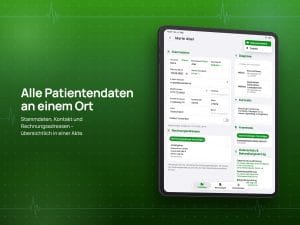 Patientenakte in Apatex auf dem iPad mit Stammdaten, Rechnungsadresse, Diagnosen, Kurznotiz, Anamnese und Behandlungsvertrag sowie Navigation für Patienten, Rechnungen und Einstellungen.