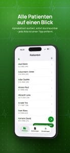 Alphabetische Patientenliste in Apatex auf dem iPhone mit Geburtsdatum und Alter je Patient sowie einem Button zum Anlegen neuer Akten.