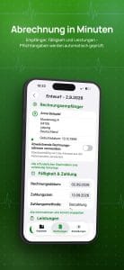 Rechnungsentwurf in Apatex auf dem iPhone mit Rechnungsempfänger, Rechnungsdatum, Zahlungsziel und Zahlungsmethode sowie grünen Prüfhinweisen zu den Pflichtangaben.